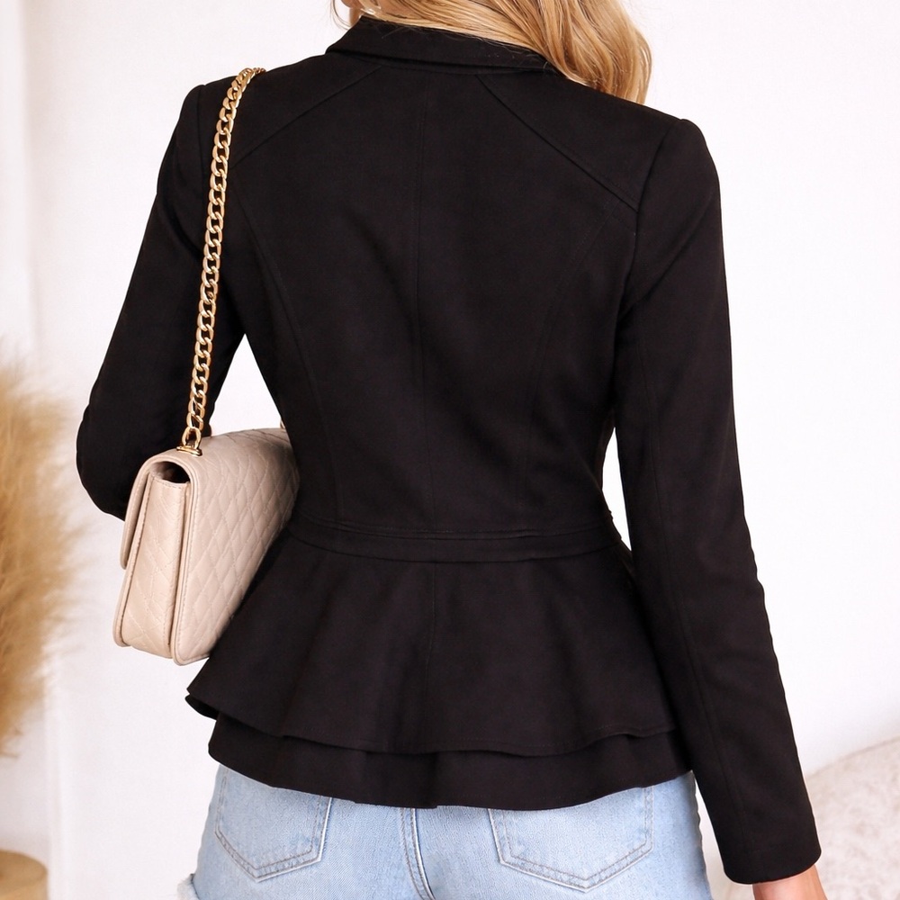 Black Peplum Blazer | Tiered Hem | Tailored Fit | Chic Minimalist